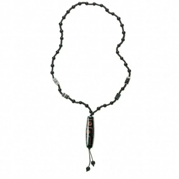 Hand Crafted Jewelry - Hand Crafted Nepal Tibetan DZi Agate Black Brown & Glass Beads Macrame Necklace